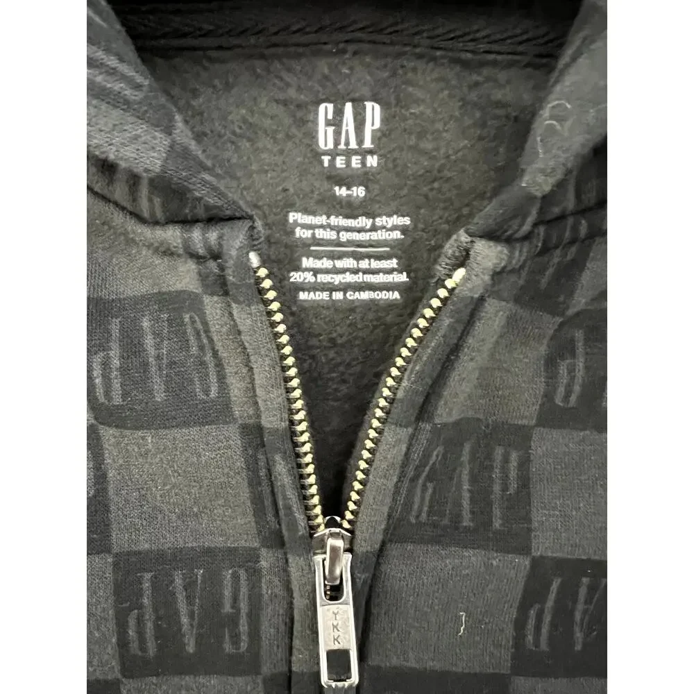 Gap Teen Black Checkerboard Logo Crop Zip Up Hooded Sweatshirt (size 14-16)